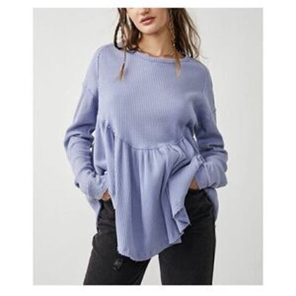 We The Free Free People Peplum Waffle Knit Thermal Top - Light Blue, Small - Picture 1 of 8